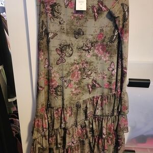 Maxi Skirt with Pink Floral & Butterfly Print - Olive